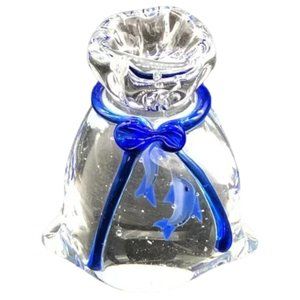 MURANO Art Glass Paperweight RARE: 2 BLUE Fish in a Bag Hand-blown Glass Ribbon